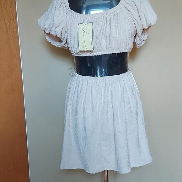 Boho Beach Dress Vintage Havana Puff Sleeve Cutout Mini Dress Cottagecore - Picture 3 of 8